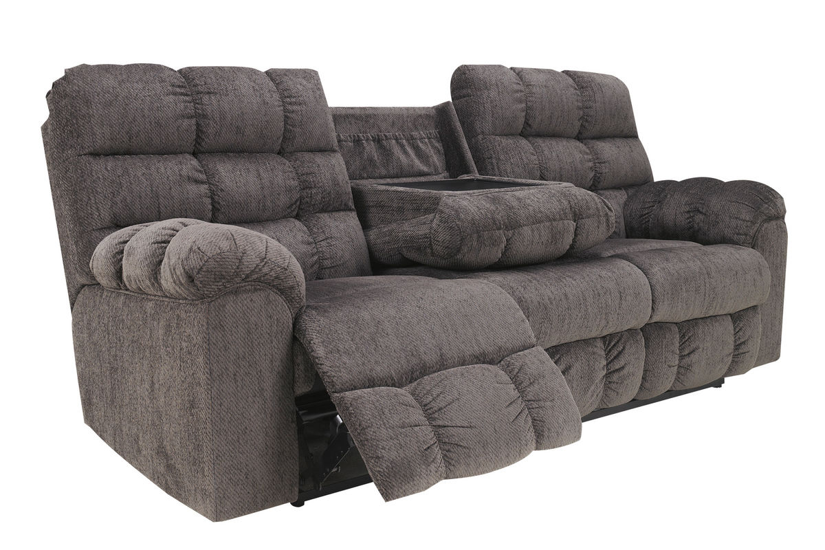 Leona Chenille Reclining Sofa with Drop Down Table at GardnerWhite