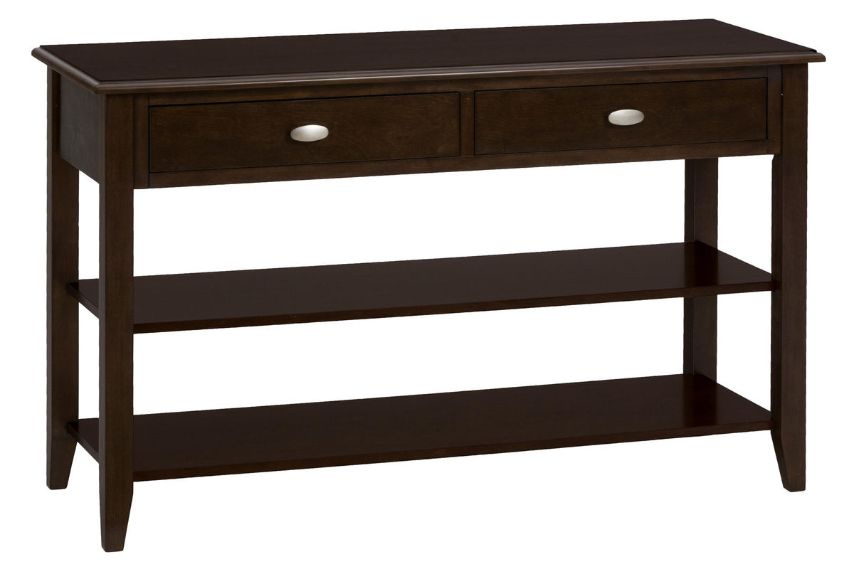 Merlot Sofa Table with Shelves at GardnerWhite
