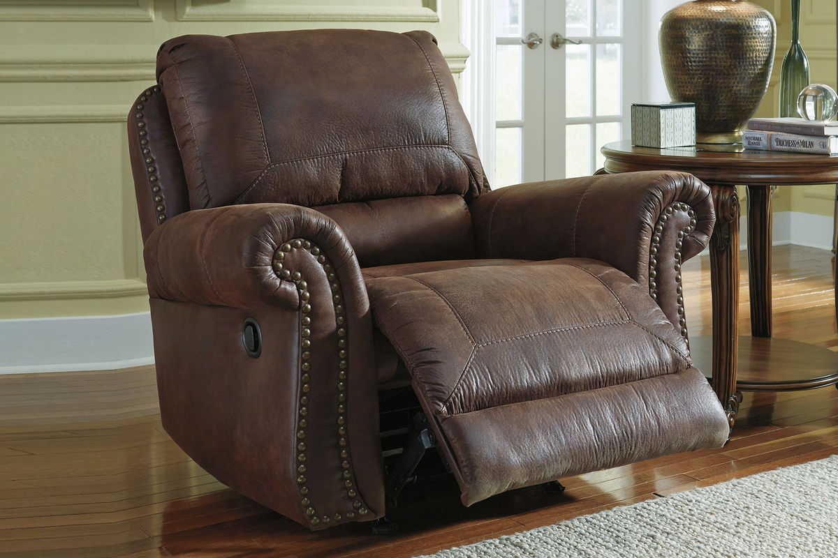 Breville Brown with Nailhead Rocker Recliner at GardnerWhite