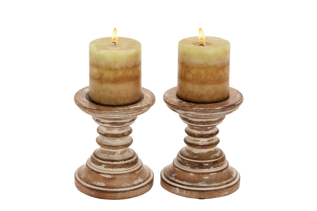 Rustic Elegance Oak Finish Mango Wood Turned Candle Holders (Set of 2)
