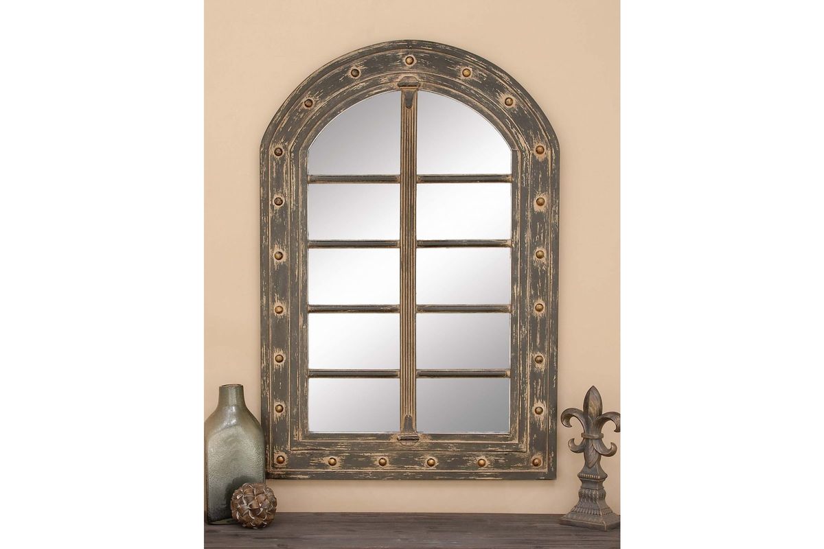 Old World Inspired 48" Arched Windowpane Wall Mirror in Distressed