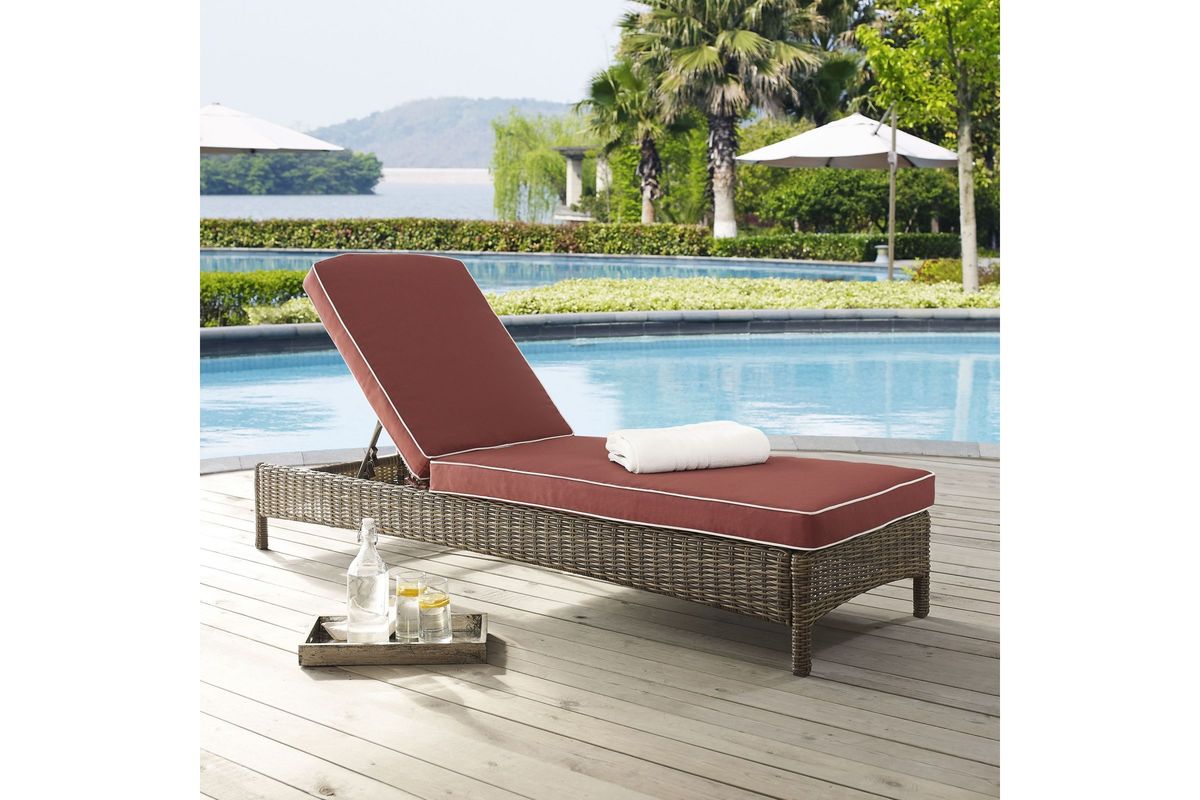 Bradenton Chaise Lounge in Weathered Brown Wicker with Sangria Cushions