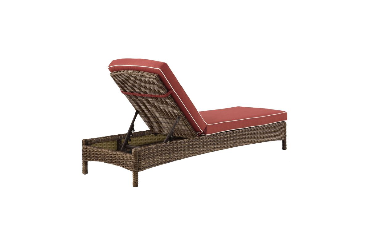 Bradenton Chaise Lounge in Weathered Brown Wicker with Sangria Cushions