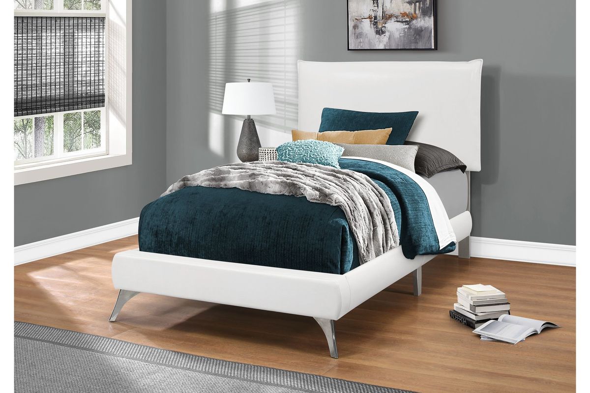 White Faux Leather Twin Bed with Chrome Legs by Monarch