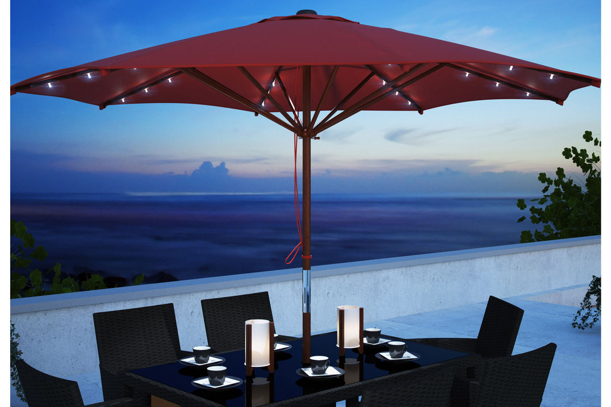 Red Patio Umbrella with Solar Power LED Lights at GardnerWhite