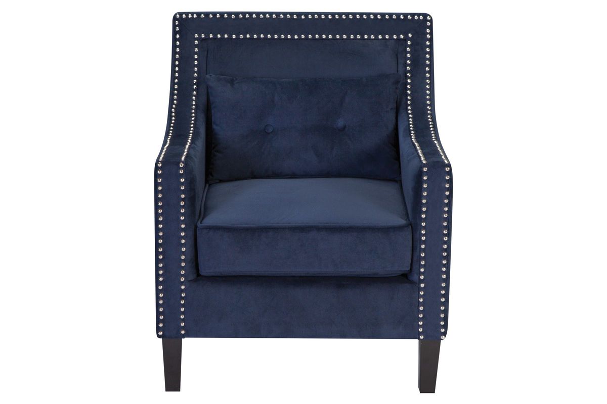 Blue and gold upholstered dining chair with nailhead trim - wide 11