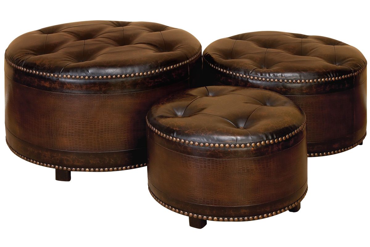 Classic Tufted Leather Round Ottomans (Set of 3) at GardnerWhite