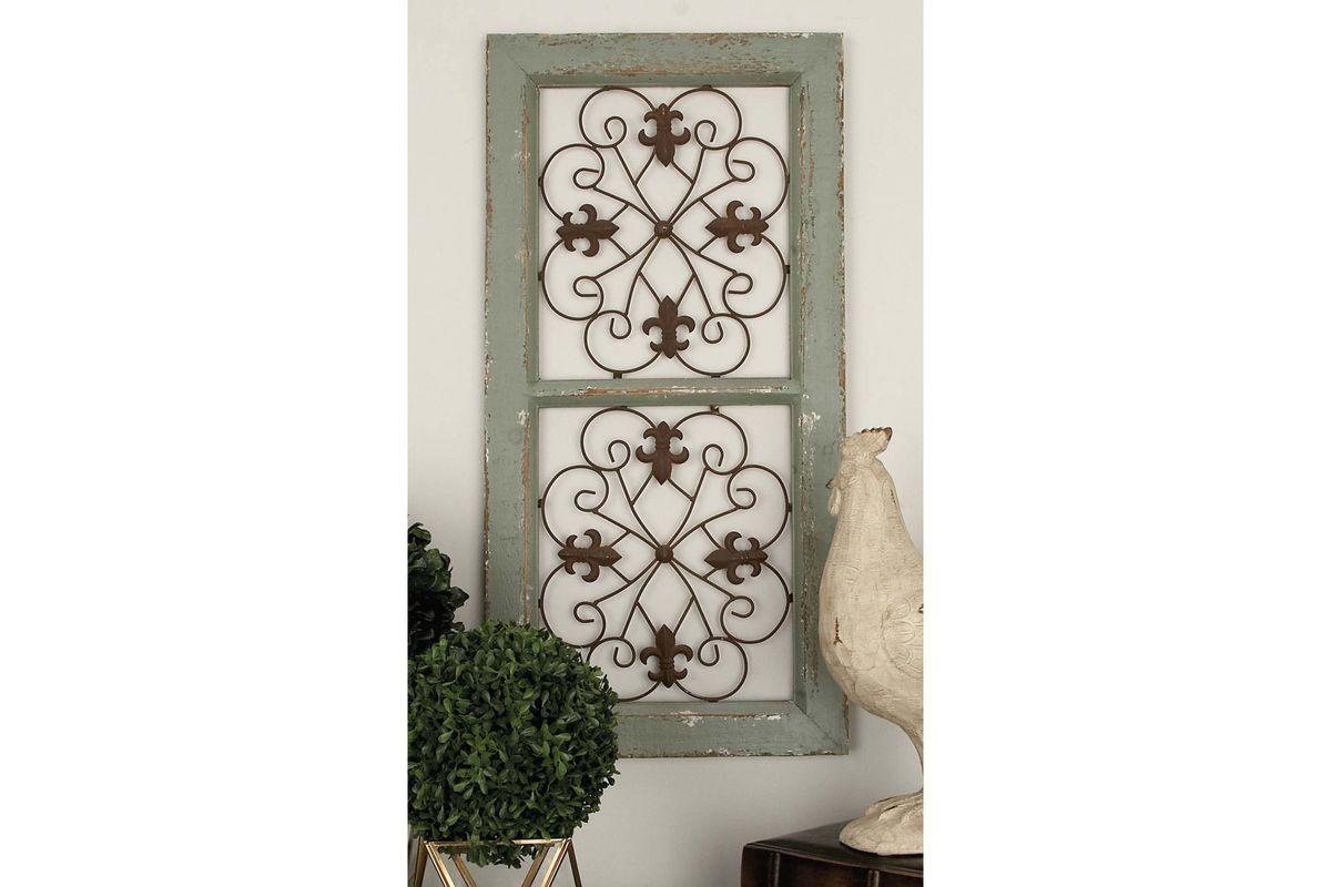 French Inspired Window Panel Wall Decor in Distressed Green